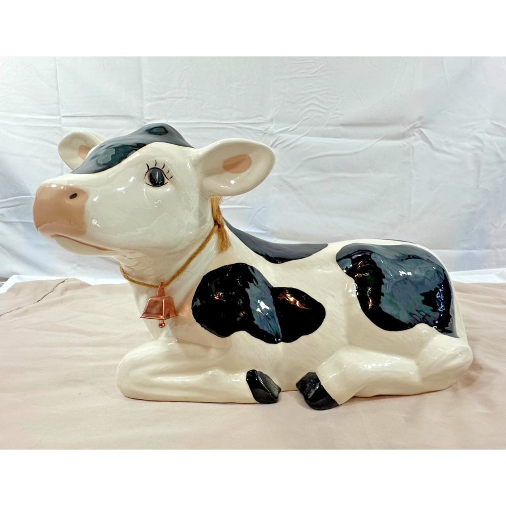 Vintage Hand-Painted Ceramic Lying Holstein Cow Figurine w/ Copper Bell 12"